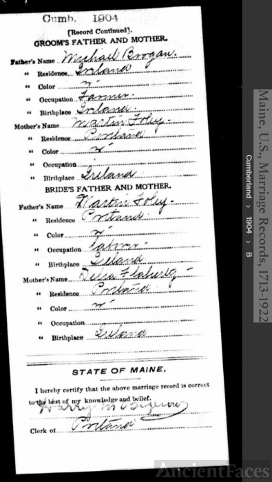 Thomas Michael Brogan Maine U S Marriage Records 1713 1922 1904 Back