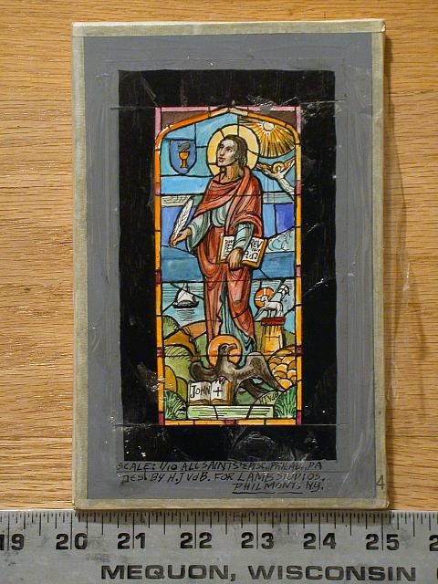 [Design drawing for stained glass window with St. John...