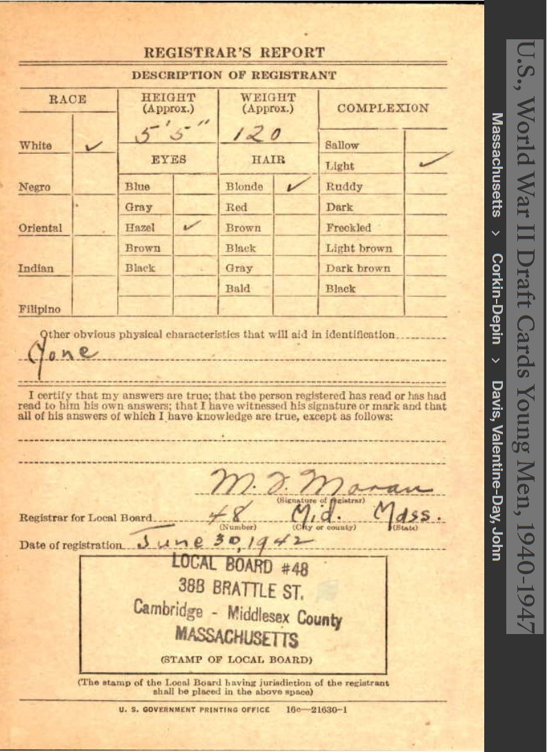 Paul Francis Dawson --U.S., World War II Draft Cards Young Men, 1940-1947(30 Jun 1942)back