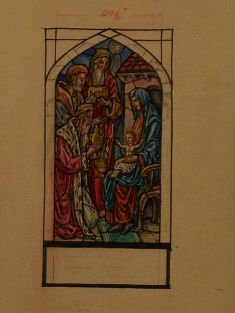 [Design drawing for stained glass window showing Gifts of...