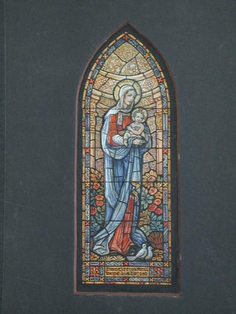 [Design drawing for stained glass window showing Madonna...