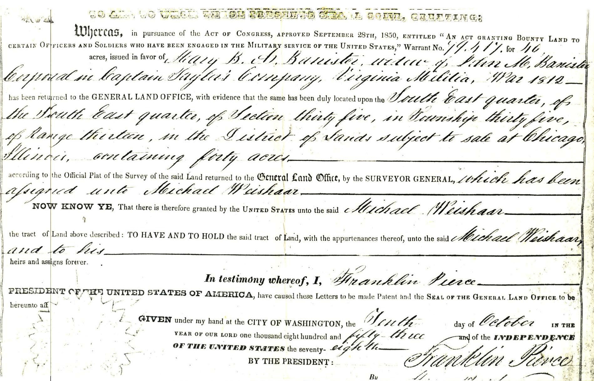 Michael Weishaar Land Grant,, Illinois 1855