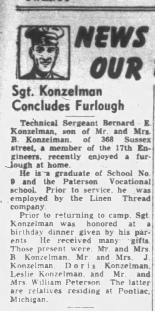 Bernard Komzelmann T The News (Paterson, New Jersey)23 Sep 1942, WedPage 20