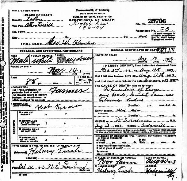 George Washington Flanders's Death Certificate
