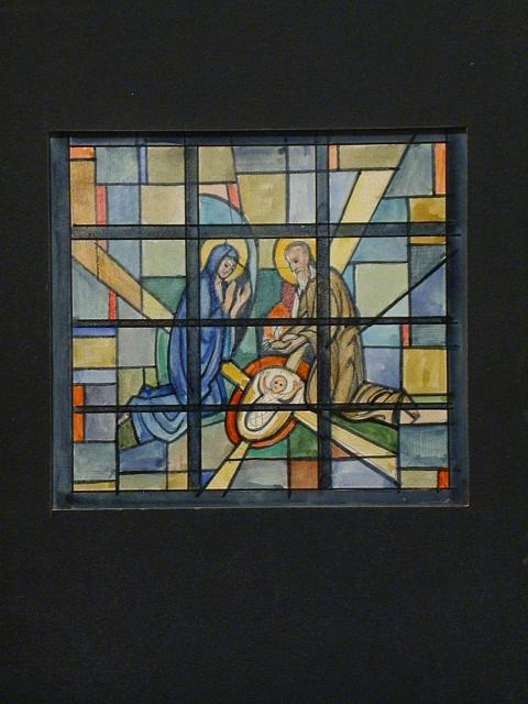 [Design drawing for stained glass window with 3-figure...