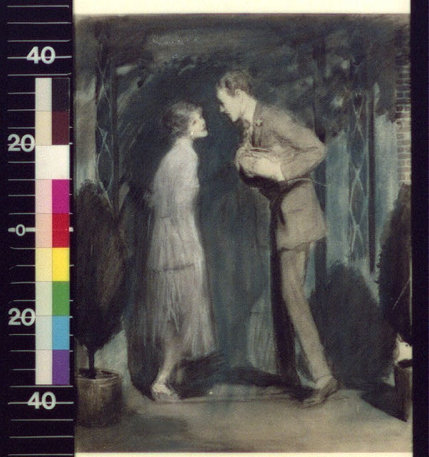 [Man and girl talking outside a door]