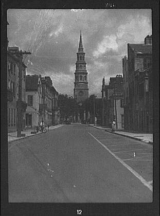View down street to St. Philip's Church, Charleston,...