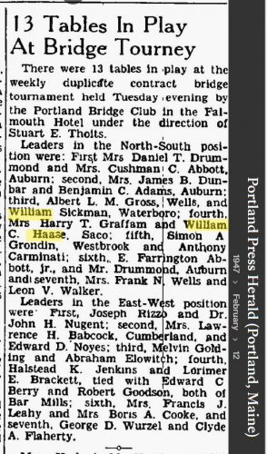 William Ernest Carl "Billy" Haase--Portland Press Herald (Portland, Maine)(12 feb 1947)