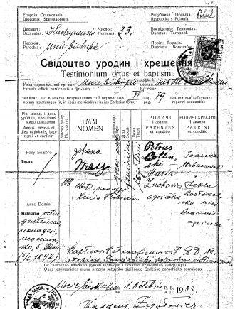Baptismal Certificate Johana May Kotlinski