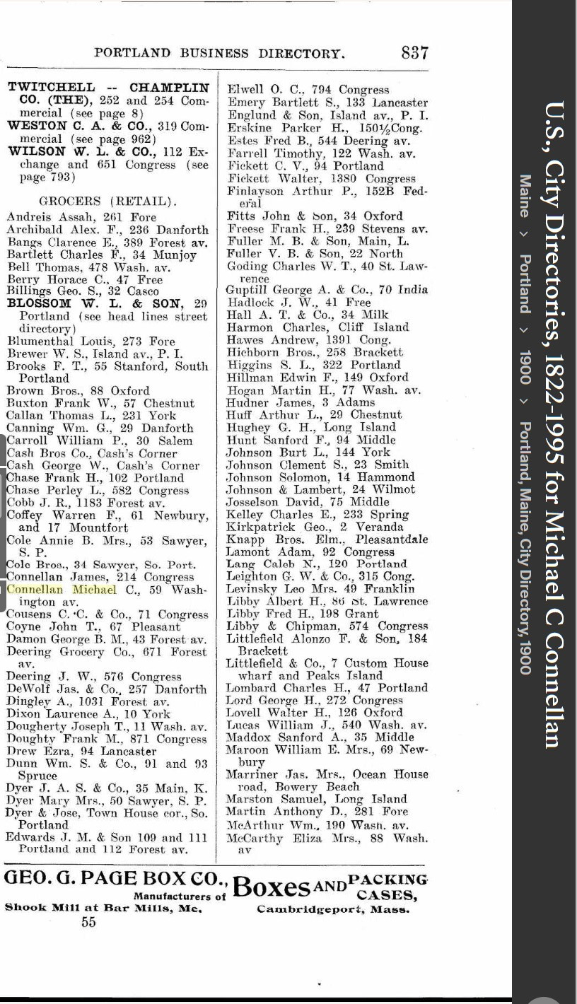 Michael Charles Connellan--U.S., City Directories, 1822-1995(1900)