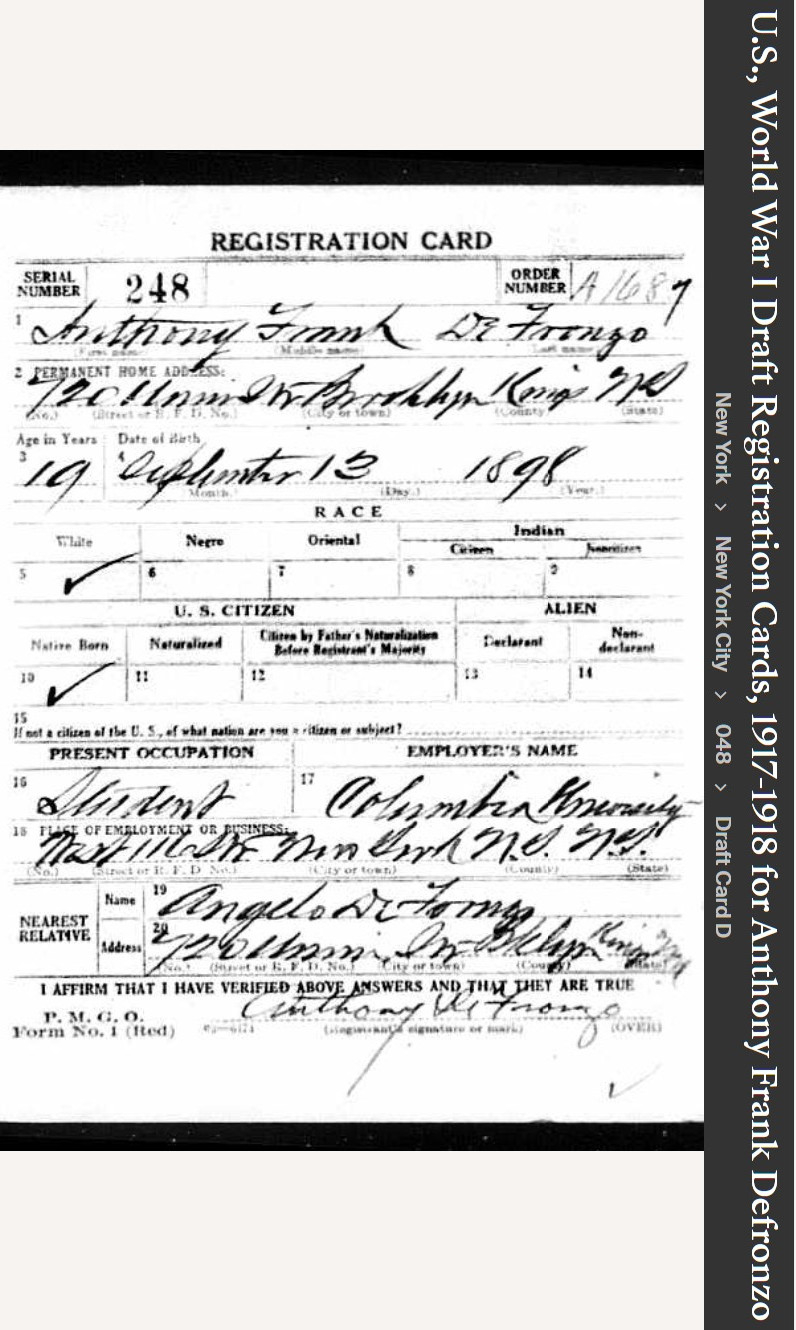 Anthony Frank Defronzo Sr --U.S., World War I Draft Registration Cards, 1917-1918(12 sep 1918)