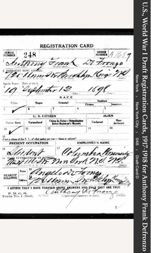 Anthony Frank Defronzo Sr --U.S., World War I Draft Registration Cards, 1917-1918(12 sep 1918)