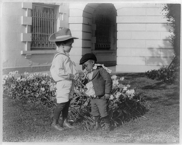 [Quentin Roosevelt as a child in front of a flower garden...