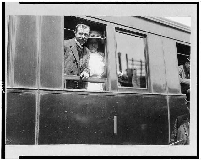 [Louis Blériot on his return with wife on train from...