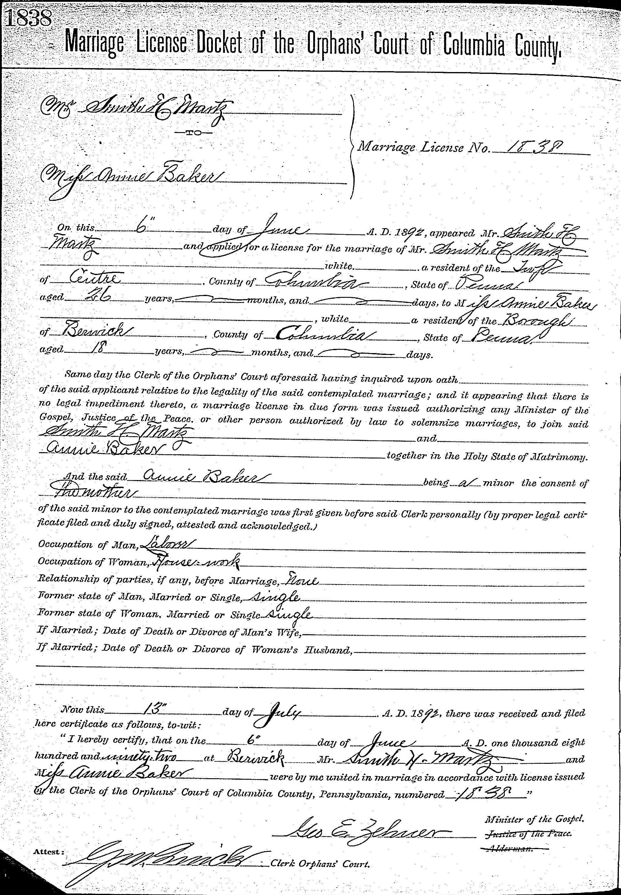 Smith & Mary (Baker) Martz marriage license