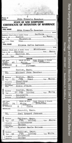 John Francis -Jack- Beecher--New Hampshire, U.S., Marriage and Divorce Records, 1659-1947 front