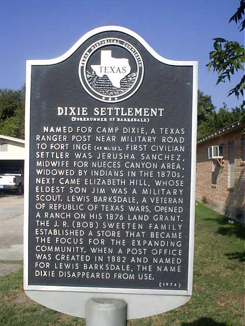 Sign posted by the Texas Historical Commission indicates Jerusha Sanchez (0300004) was the first civilian settler of Camp Dixie and a midwife for the Nueces Canyon area. Dixie was the forerunner of Barksdale, Texas. (Photo courtesy of findagrave.com)