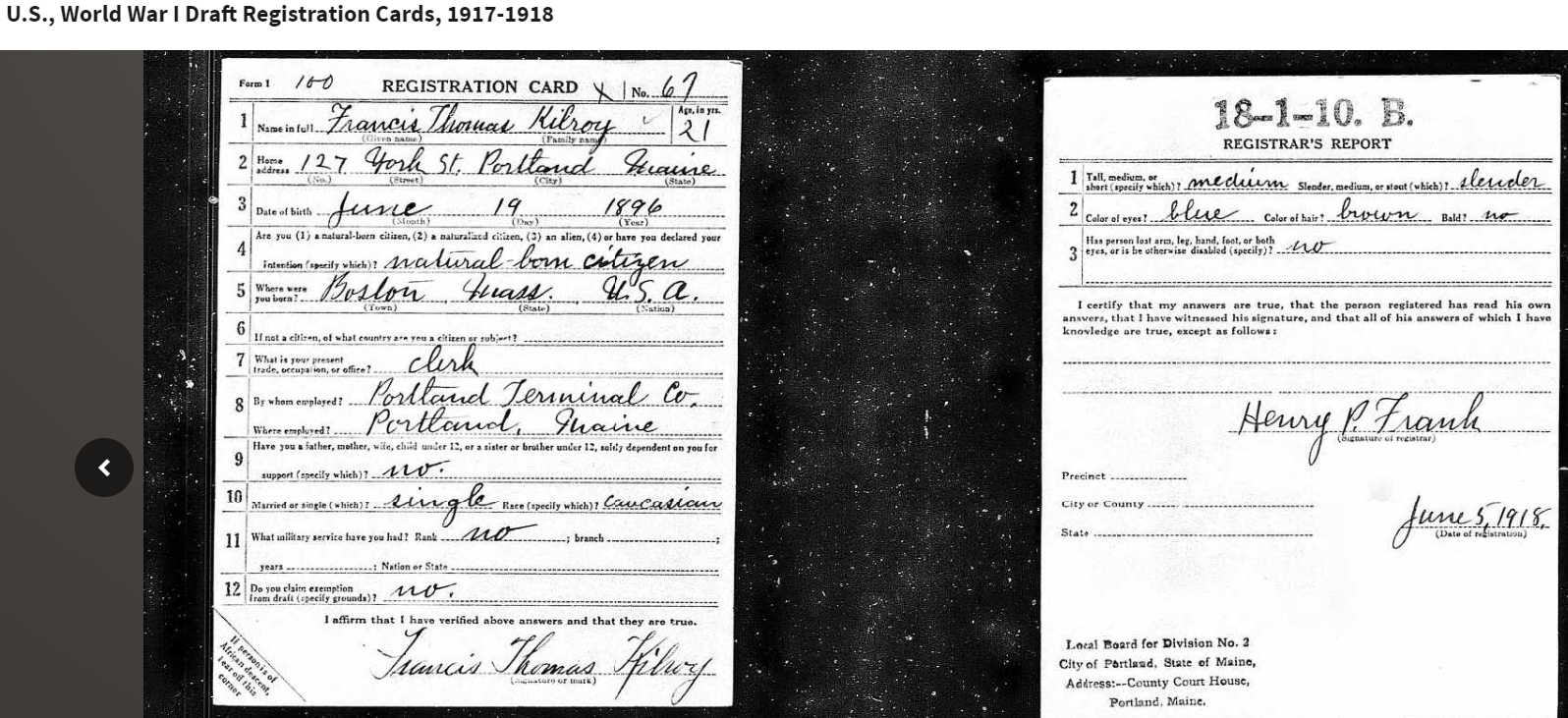 Francis Thomas Kilroy--U.S., World War I Draft Registration Cards, 1917-1918
