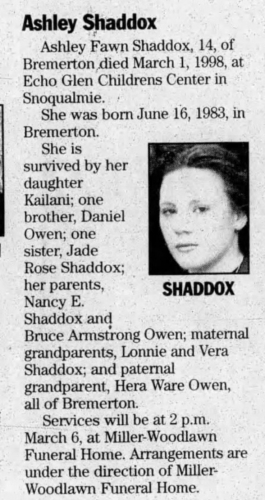 Ashley Shaddox - death announcement 