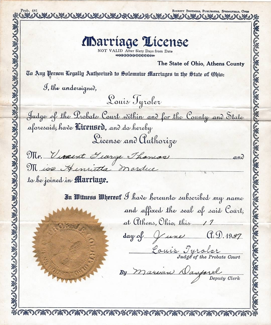 Henrietta E. Mordue marriage license