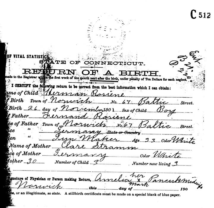 My Grandfather #39 s Birth Certificate Herman Rosiene