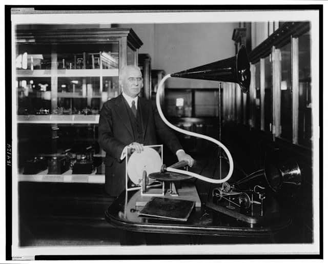 [Emile Berliner, with the model of the first phonograph...