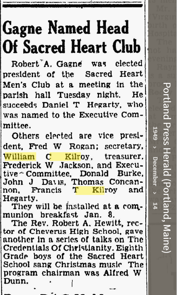 William Carrol Kilroy--Portland Press Herald (Portland, Maine)14 dec 1949)