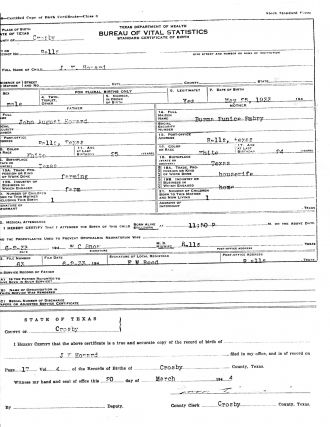 John W Howard Birth Certificate