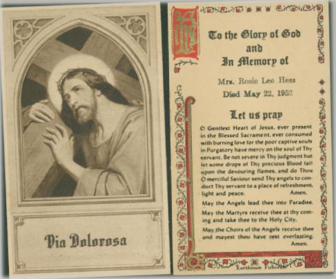 Funeral card for Rosie Lee Frank Hess