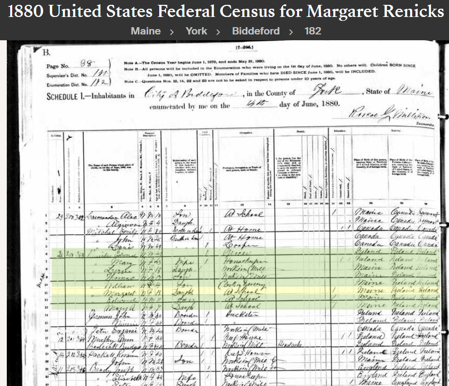 Margaret N Rennick--1880 United States Federal Census