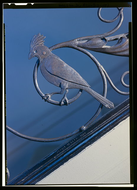 Interior view, detail view of iron railing & signature of...