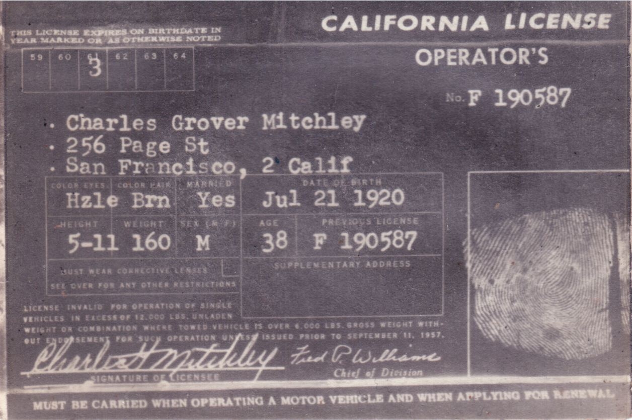 Charles Grover Mitchley,  CA driver's license