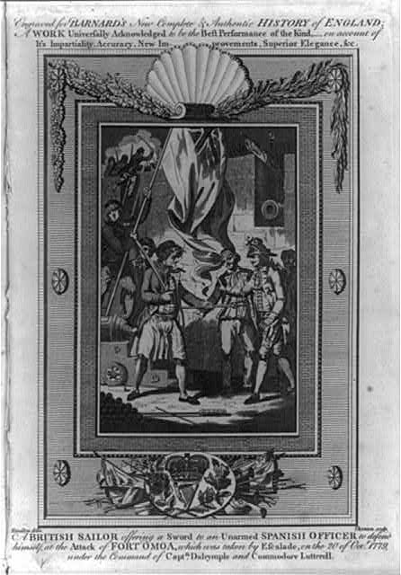 A British sailor offering a sword to an unarmed Spanish...