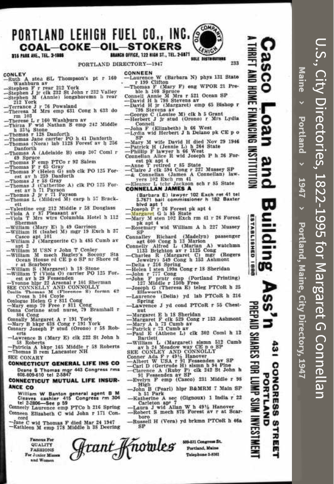 Margaret Gertrude Connellan--U.S., City Directories, 1822-1995(1947)