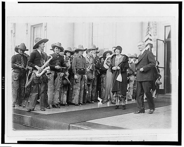 Mrs. Hoover greets the cowboy band of Simmons University,...