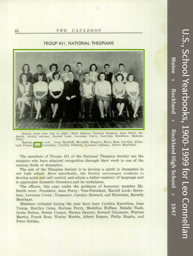 Leo Richard Connellan--U.S., School Yearbooks, 1900-1999(1947)Troup 481, National Thespians