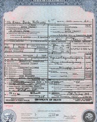 A.B. Holloway Death Certificate, 1946 CA