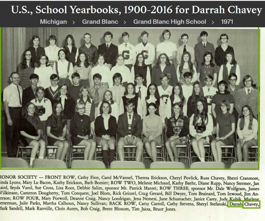 Darrah Perry Chavey --U.S., School Yearbooks, 1900-2016 Grand Blanc High School (1971) Honor Society