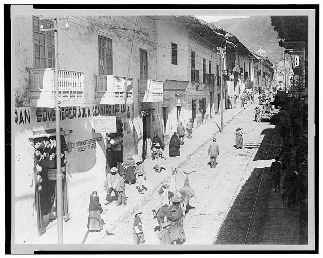 [View of the Calle del Marquez, Cuzco, Peru, showing busy...