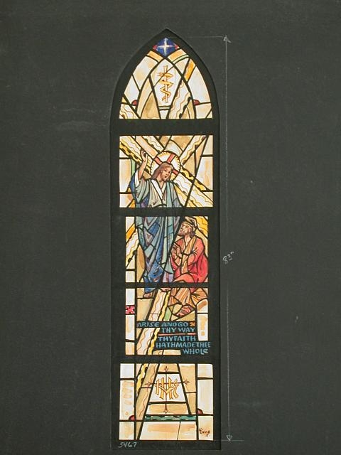 [Design drawing for stained glass lancet window with The...