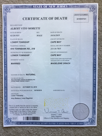 Al Moretti's Death Certificate