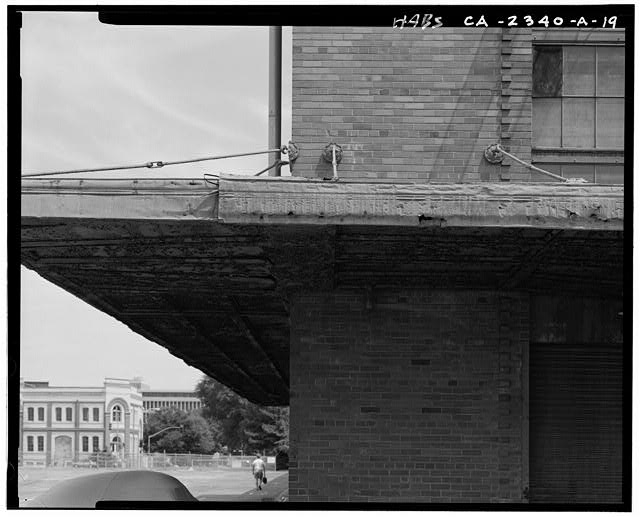 Detail of metal canopy on west elevation of Railway...