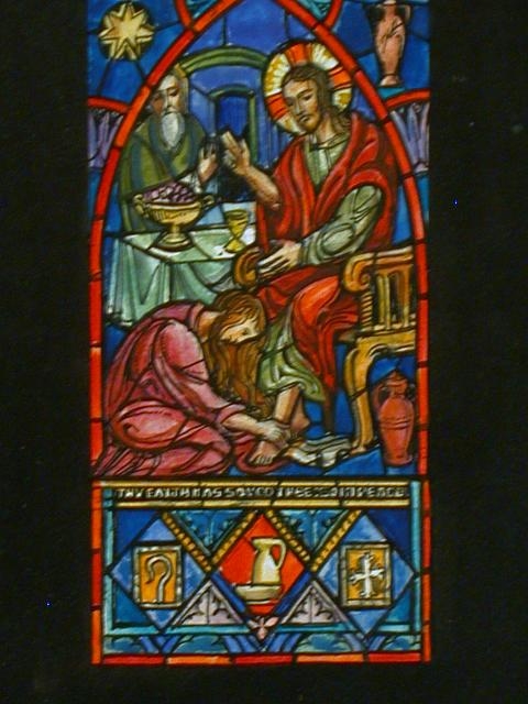 [Design drawing for stained glass window with text "Thy...