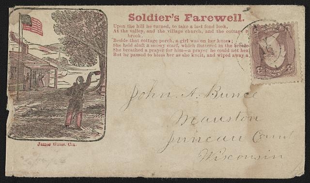 [Civil War envelope showing a soldier waving goodbye to...