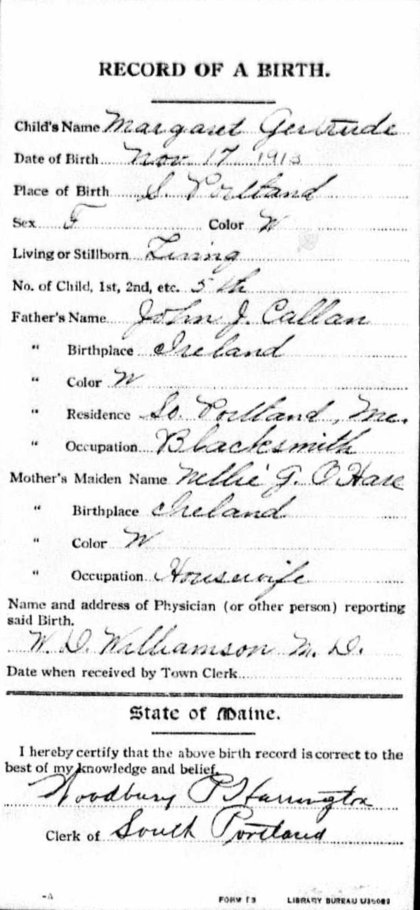Margaret Gertrude Callan-Burton--Maine, U.S., Birth Records, 1715-1922