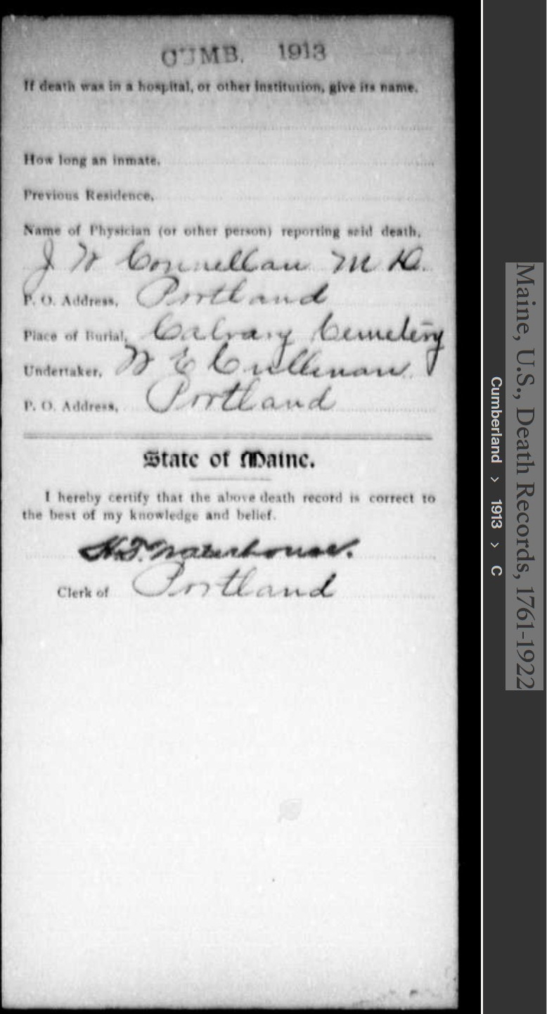 Michael Charles Connellan-- Maine, U.S., Death Records, 1761-1922(1913)back