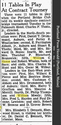 William Ernest Carl "Billy" Haase--Portland Press Herald (Portland, Maine)(10 may 1950)
