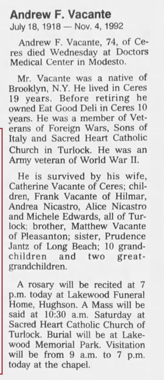 Andrew F Vacante Obituary 