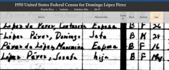Domingo López Pérez, 15 April 1950, Galateo Alto, Isabela, Puerto Rico, 28, wife 16