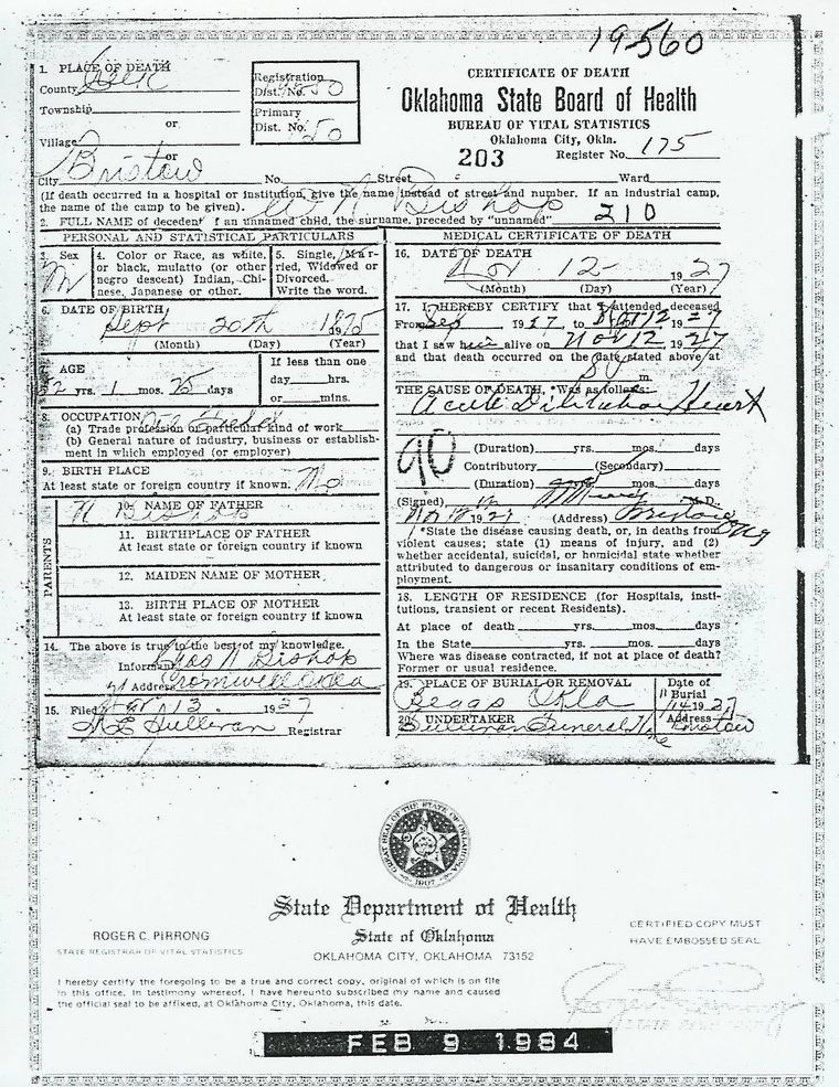 Ida Cora Belle Sharp Death Certificate